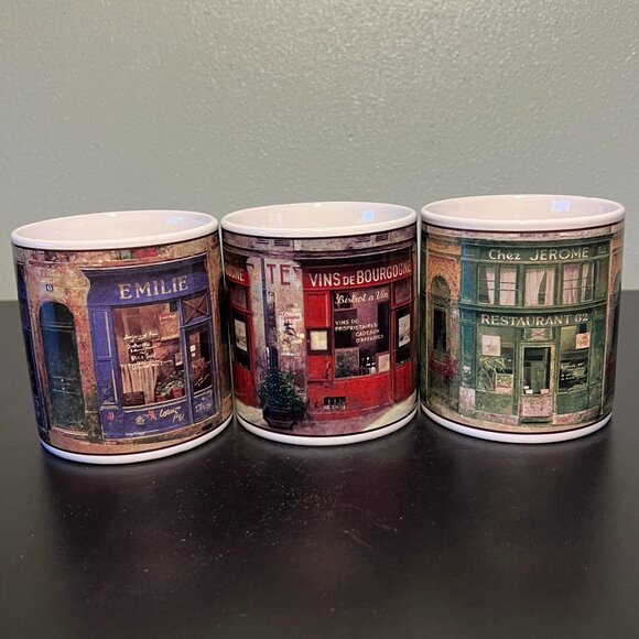 Set of 3 SAKURA French STOREFRONTS Stoneware Mugs w/ Art by Chiu Tak Hak ~ Paris - Picture 9 of 12